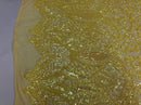Iridescent Yellow Sequin - 4 Way Stretch Embroidered Royalty Sequins Fancy Design Fabric By Yard
