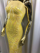 Iridescent Yellow Sequin - 4 Way Stretch Embroidered Royalty Sequins Fancy Design Fabric By Yard