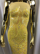 Iridescent Yellow Sequin - 4 Way Stretch Embroidered Royalty Sequins Fancy Design Fabric By Yard