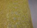 Iridescent Yellow Sequin - 4 Way Stretch Embroidered Royalty Sequins Fancy Design Fabric By Yard