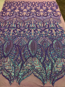 Lilac Iridescent Sequin - 4 Way Stretch Embroidered Royalty Sequins Fancy Design Fabric By Yard