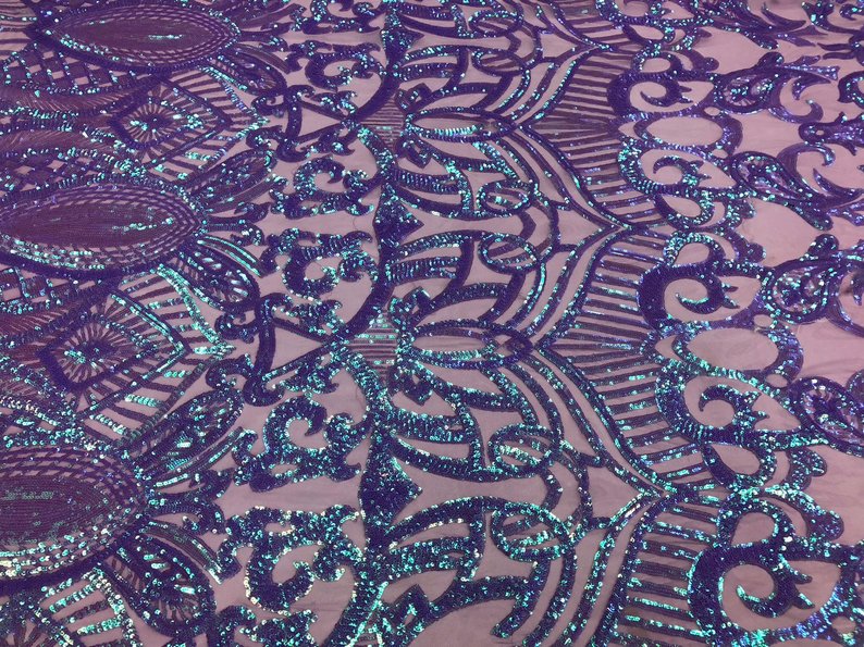 Iridescent Lilac Sequin - 4 Way Stretch Embroidered Royalty Sequins Fancy Design Fabric By Yard