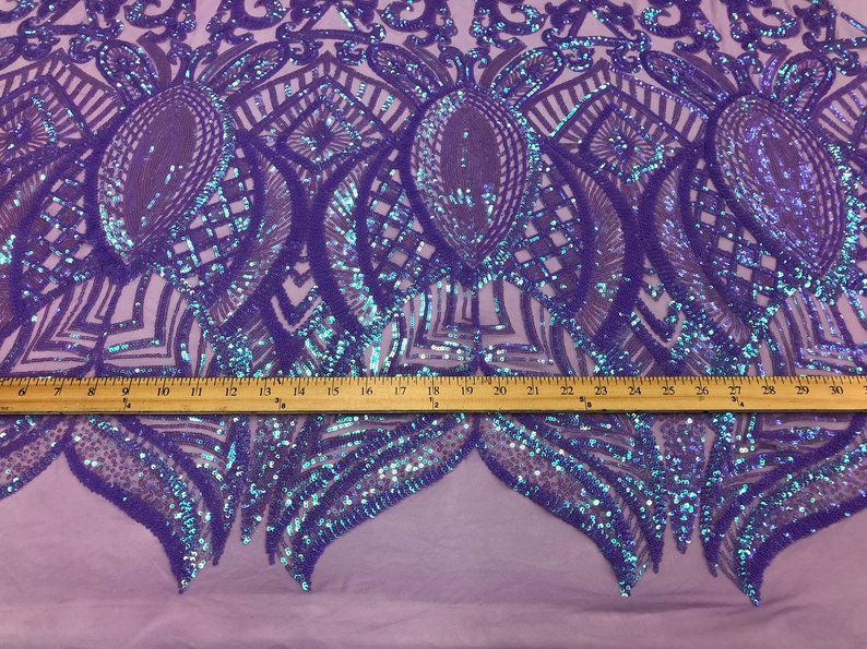 Iridescent Lilac Sequin - 4 Way Stretch Embroidered Royalty Sequins Fancy Design Fabric By Yard