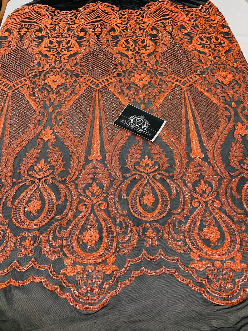 4 Way Stretch Fabric - Neon Orange - Fancy Pattern Design Sequins Fashion Fabric Mesh By Yard