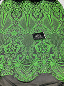 4 Way Stretch Fabric - Neon Green - Fancy Pattern Design Sequins Fashion Fabric Mesh By Yard