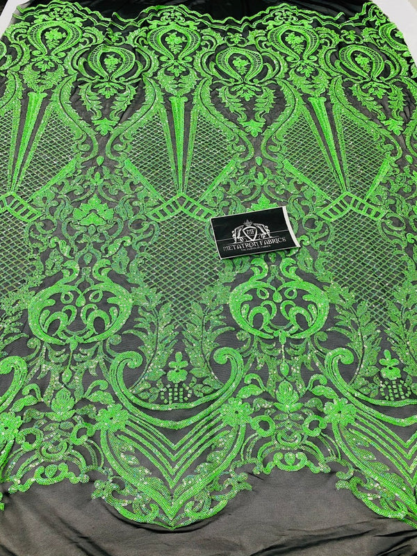 4 Way Stretch Fabric - Neon Green - Fancy Pattern Design Sequins Fashion Fabric Mesh By Yard