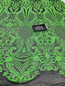 4 Way Stretch Fabric - Neon Green - Fancy Pattern Design Sequins Fashion Fabric Mesh By Yard