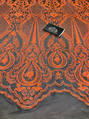 4 Way Stretch Fabric - Neon Orange - Fancy Pattern Design Sequins Fashion Fabric Mesh By Yard