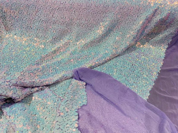 Mini Glitz Sequins -  Iridescent Unicorn on Lilac - Mini Sequins on 4 Way Stretch Lace Mesh Fabric