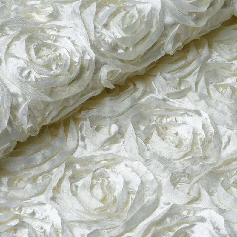 Satin Rosette Fabric - Ivory - 3D Rosette Satin Floral Fabric Sold By Yard