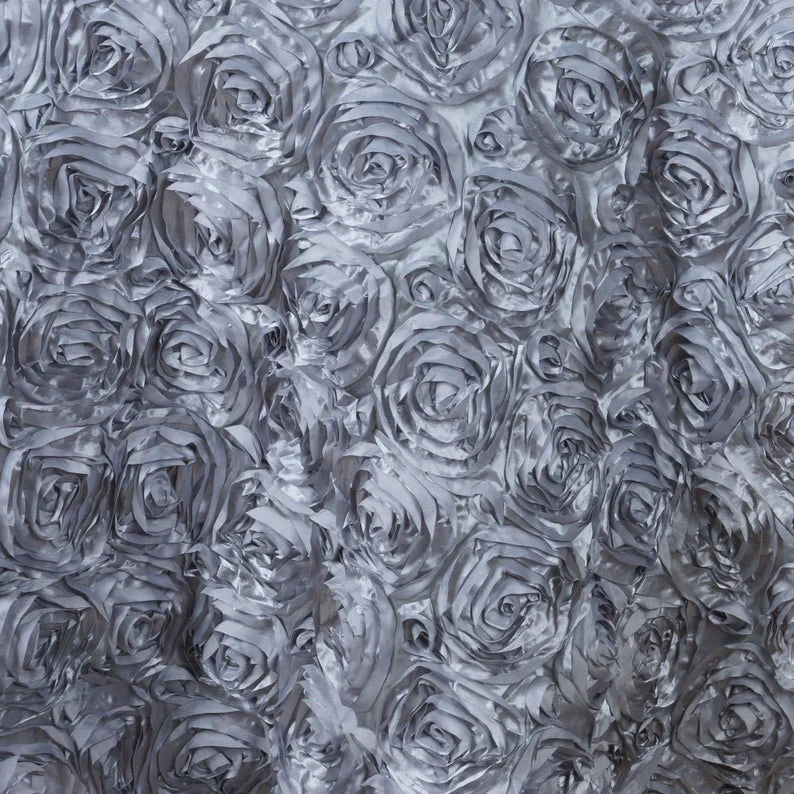 Satin Rosette Fabric - Silver Grey - 3D Rosette Satin Floral Fabric Sold By Yard