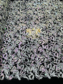 Two Tone Sequins Fabric Flip on Black Stretch Velvet 2-Way, Sequin Reversible By The Yard