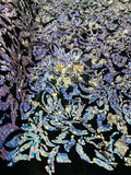 Two Tone Sequins Fabric Flip on Black Stretch Velvet 2-Way, Sequin Reversible By The Yard