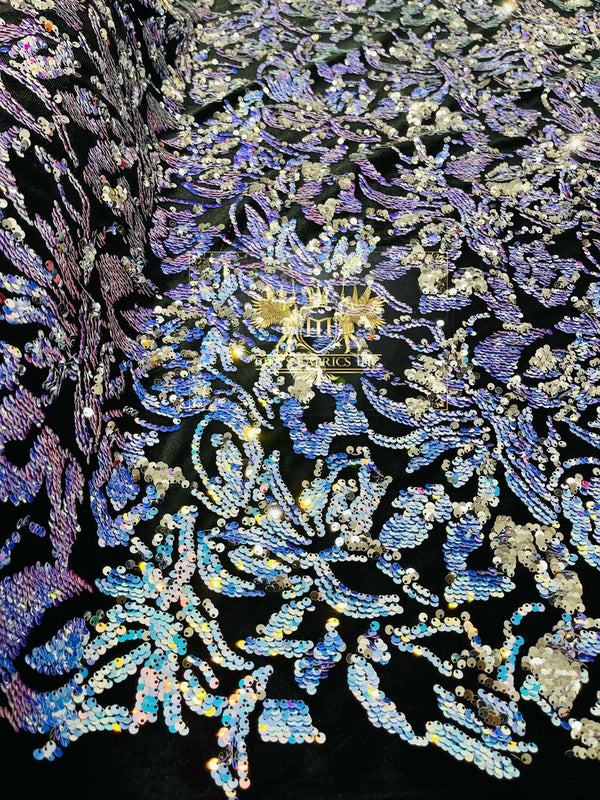 Two Tone Sequins Fabric Flip on Black Stretch Velvet 2-Way, Sequin Reversible By The Yard