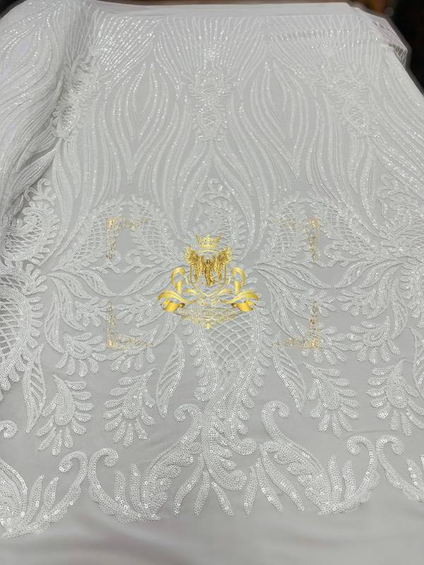 Paisley Sequin Fabric - White - Line Pattern 4 Way Stretch Elegant Fabric By The Yard