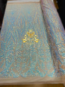 Paisley Sequin Fabric - Irridescent Aqua - Line Pattern 4 Way Stretch Elegant Fabric By The Yard