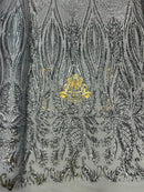 Paisley Sequin Fabric - Silver - Line Pattern 4 Way Stretch Elegant Fabric By The Yard