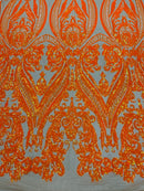 Big Damask Sequins Fabric - Orange Iridescent Nude - 4 Way Stretch Damask Sequins Design Fabric By Yard