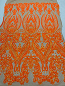 Big Damask Sequins Fabric - Orange Iridescent Nude - 4 Way Stretch Damask Sequins Design Fabric By Yard