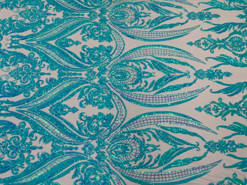 Big Damask Sequins Fabric - Mint Iridescent - 4 Way Stretch Damask Sequins Design Fabric By Yard