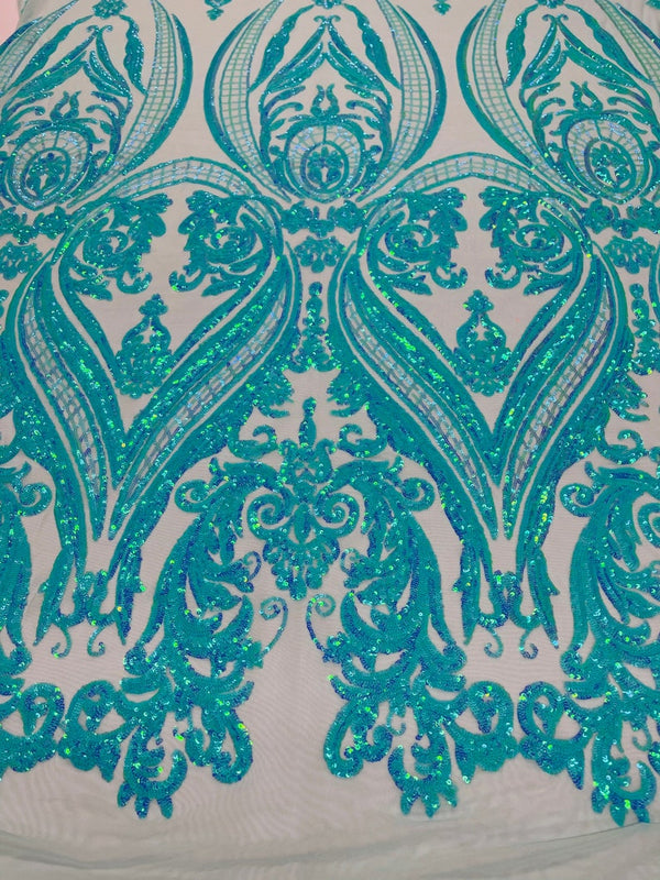 Big Damask Sequins Fabric - Mint Iridescent - 4 Way Stretch Damask Sequins Design Fabric By Yard