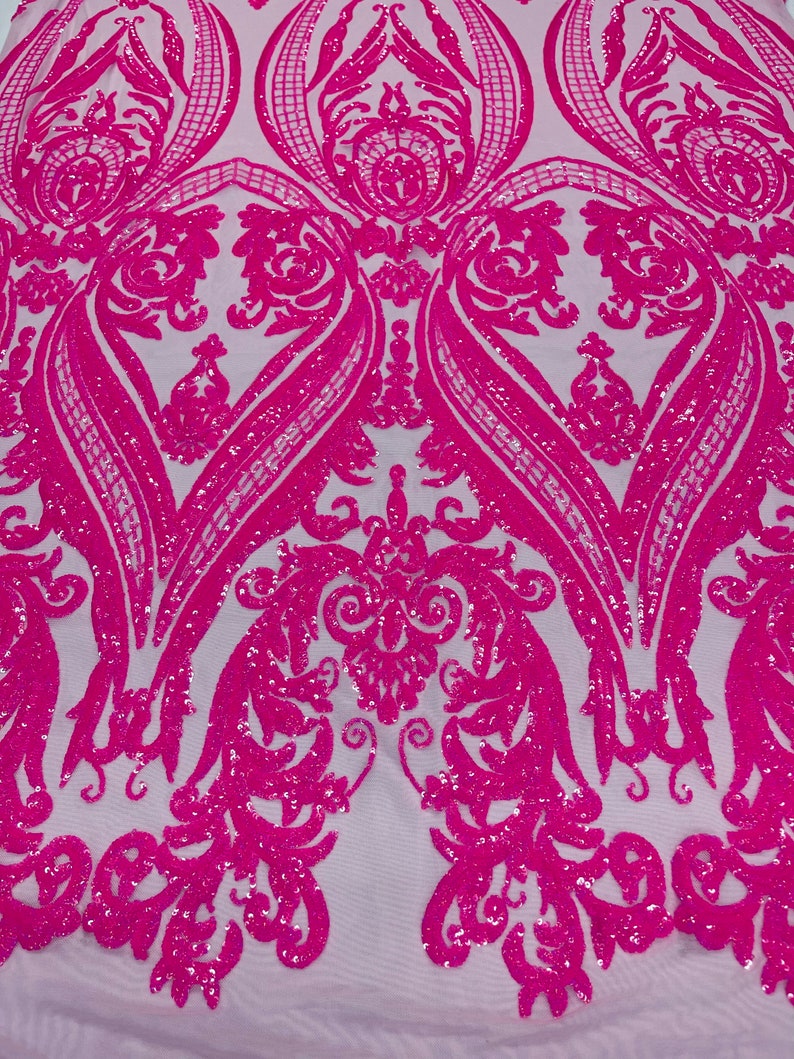 Big Damask Sequins Fabric - Hot Pink - 4 Way Stretch Damask Sequins Design Fabric By Yard