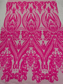 Big Damask Sequins Fabric - Hot Pink - 4 Way Stretch Damask Sequins Design Fabric By Yard