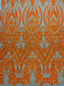 Big Damask Sequins Fabric - Orange Iridescent Nude - 4 Way Stretch Damask Sequins Design Fabric By Yard