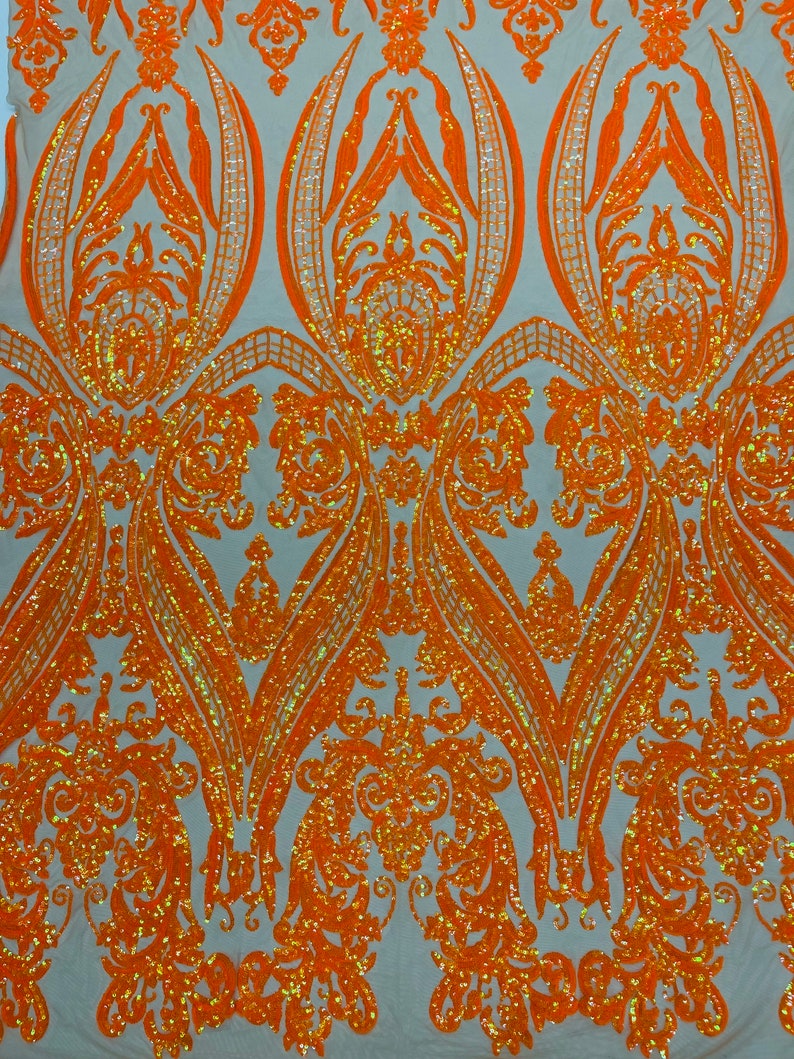 Big Damask Sequins Fabric - Orange Iridescent Nude - 4 Way Stretch Damask Sequins Design Fabric By Yard