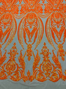 Big Damask Sequins Fabric - Orange Iridescent Nude - 4 Way Stretch Damask Sequins Design Fabric By Yard