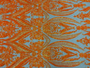 Big Damask Sequins Fabric - Orange Iridescent Nude - 4 Way Stretch Damask Sequins Design Fabric By Yard