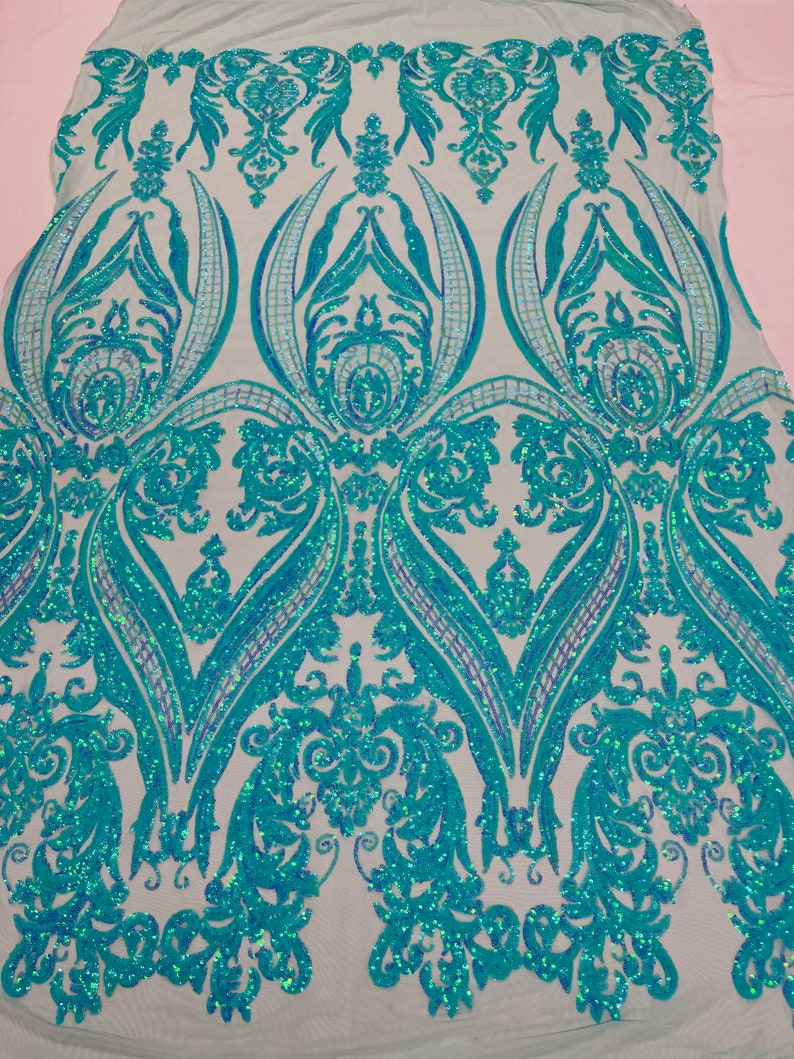 Big Damask Sequins Fabric - Mint Iridescent - 4 Way Stretch Damask Sequins Design Fabric By Yard