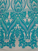 Big Damask Sequins Fabric - Mint Iridescent - 4 Way Stretch Damask Sequins Design Fabric By Yard
