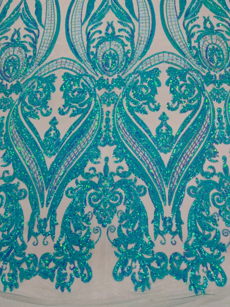 Big Damask Sequins Fabric - Mint Iridescent - 4 Way Stretch Damask Sequins Design Fabric By Yard