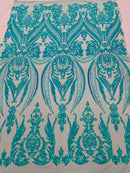 Big Damask Sequins Fabric - Mint Iridescent - 4 Way Stretch Damask Sequins Design Fabric By Yard