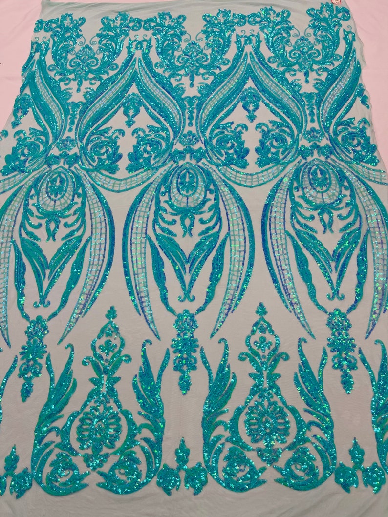 Big Damask Sequins Fabric - Mint Iridescent - 4 Way Stretch Damask Sequins Design Fabric By Yard