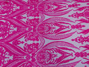 Big Damask Sequins Fabric - Hot Pink - 4 Way Stretch Damask Sequins Design Fabric By Yard