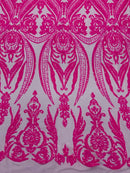 Big Damask Sequins Fabric - Hot Pink - 4 Way Stretch Damask Sequins Design Fabric By Yard