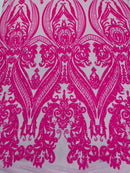 Big Damask Sequins Fabric - Hot Pink - 4 Way Stretch Damask Sequins Design Fabric By Yard