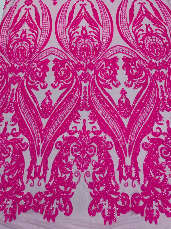 Big Damask Sequins Fabric - Hot Pink - 4 Way Stretch Damask Sequins Design Fabric By Yard