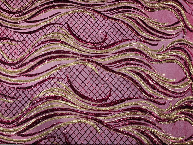 Two Tone Design - Burgundy / Gold - Wavy Lines Geometric Sequins Design 4 Way Stretch Sold By Yard