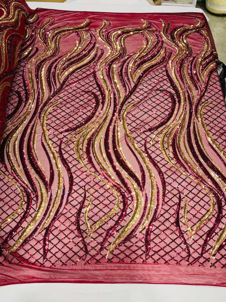 Two Tone Design - Burgundy / Gold - Wavy Lines Geometric Sequins Design 4 Way Stretch Sold By Yard