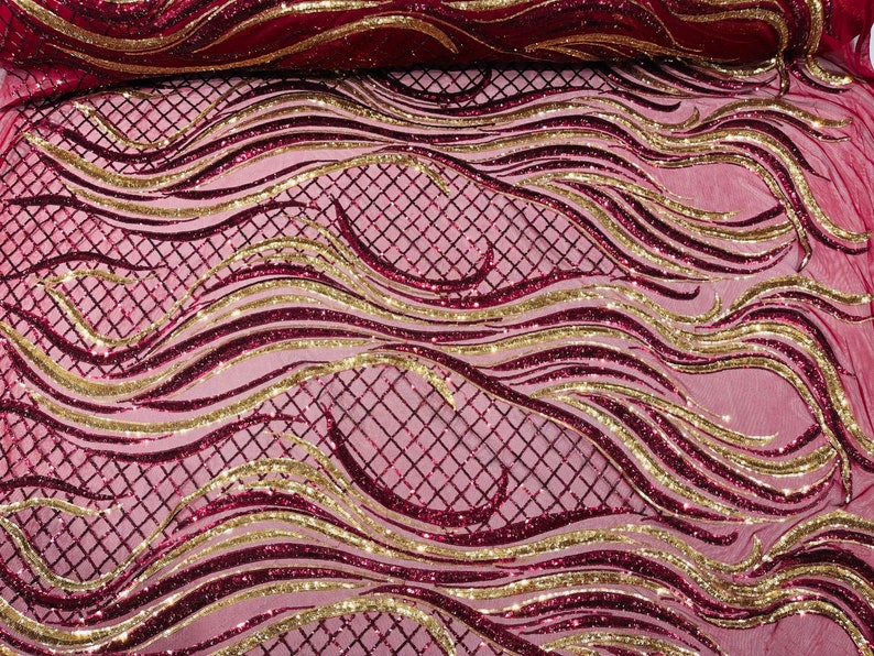 Two Tone Design - Burgundy / Gold - Wavy Lines Geometric Sequins Design 4 Way Stretch Sold By Yard