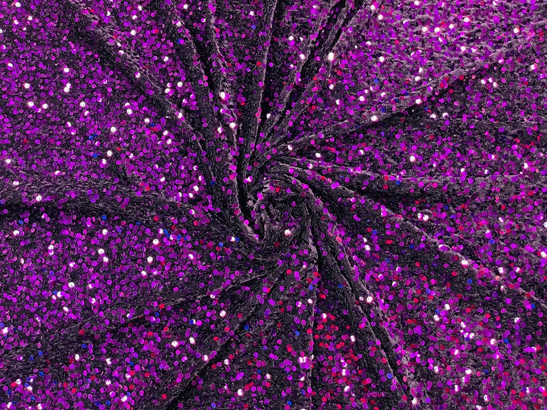 Velvet Stretch Sequins - Purple on Plum Velvet - Sequins 2 Way Stretch Velvet Fabric 58/60”