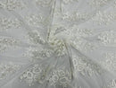 Flower Lace Fabric - Off-White - Fancy Embroidery Design With Sequins on a Mesh