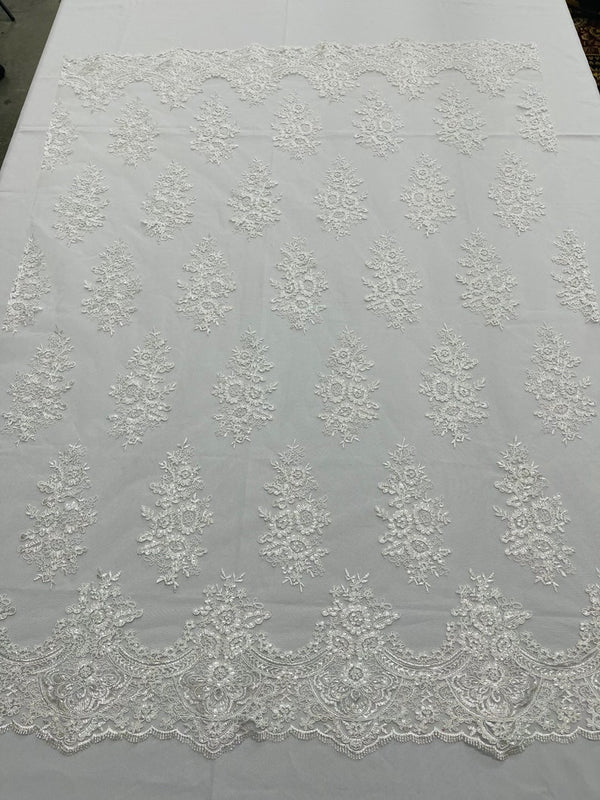 Flower Lace Fabric - Off-White - Fancy Embroidery Design With Sequins on a Mesh