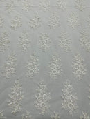 Flower Lace Fabric - Off-White - Fancy Embroidery Design With Sequins on a Mesh