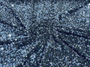 Velvet Stretch Sequins - Navy Blue Sequins on Black 2 Way Stretch Velvet Fabric 58/60”