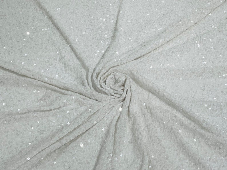 Velvet Stretch Sequins - Clear Sequins on OffWhite 2 Way Stretch Velvet Fabric 58/60”