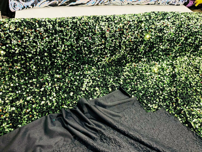 Velvet Stretch Sequins - Green on Black - Sequins 2 Way Stretch Velvet Fabric 58/60”